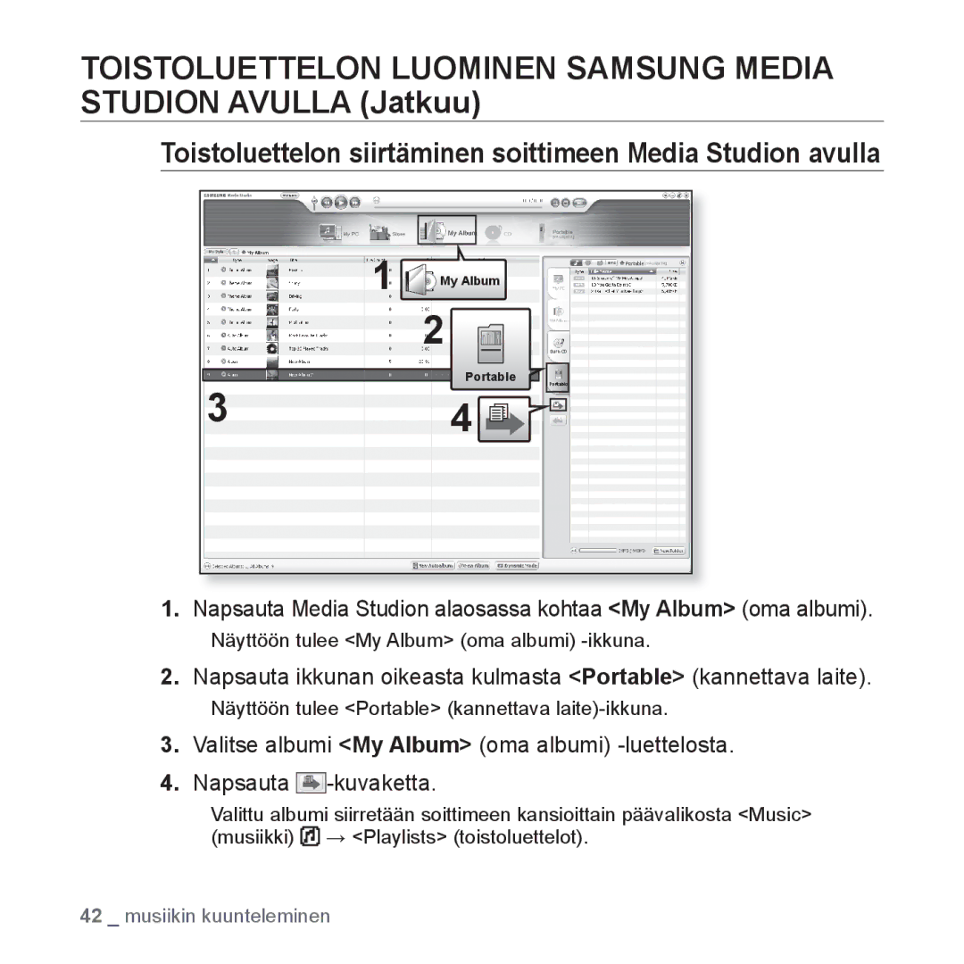 Samsung YP-U2RZB/XEE, YP-U3JQW/XEE, YP-U3JQP/XEE, YP-U3JQB/XEE Toistoluettelon Luominen Samsung Media Studion Avulla Jatkuu 