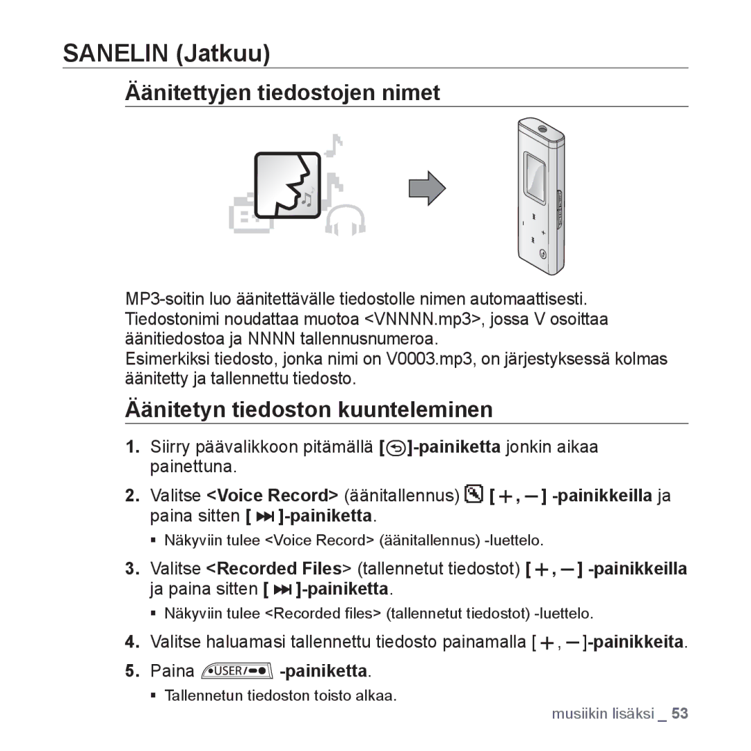 Samsung YP-U3JQB/XEE Äänitettyjen tiedostojen nimet, Äänitetyn tiedoston kuunteleminen, Valitse Voice Record äänitallennus 