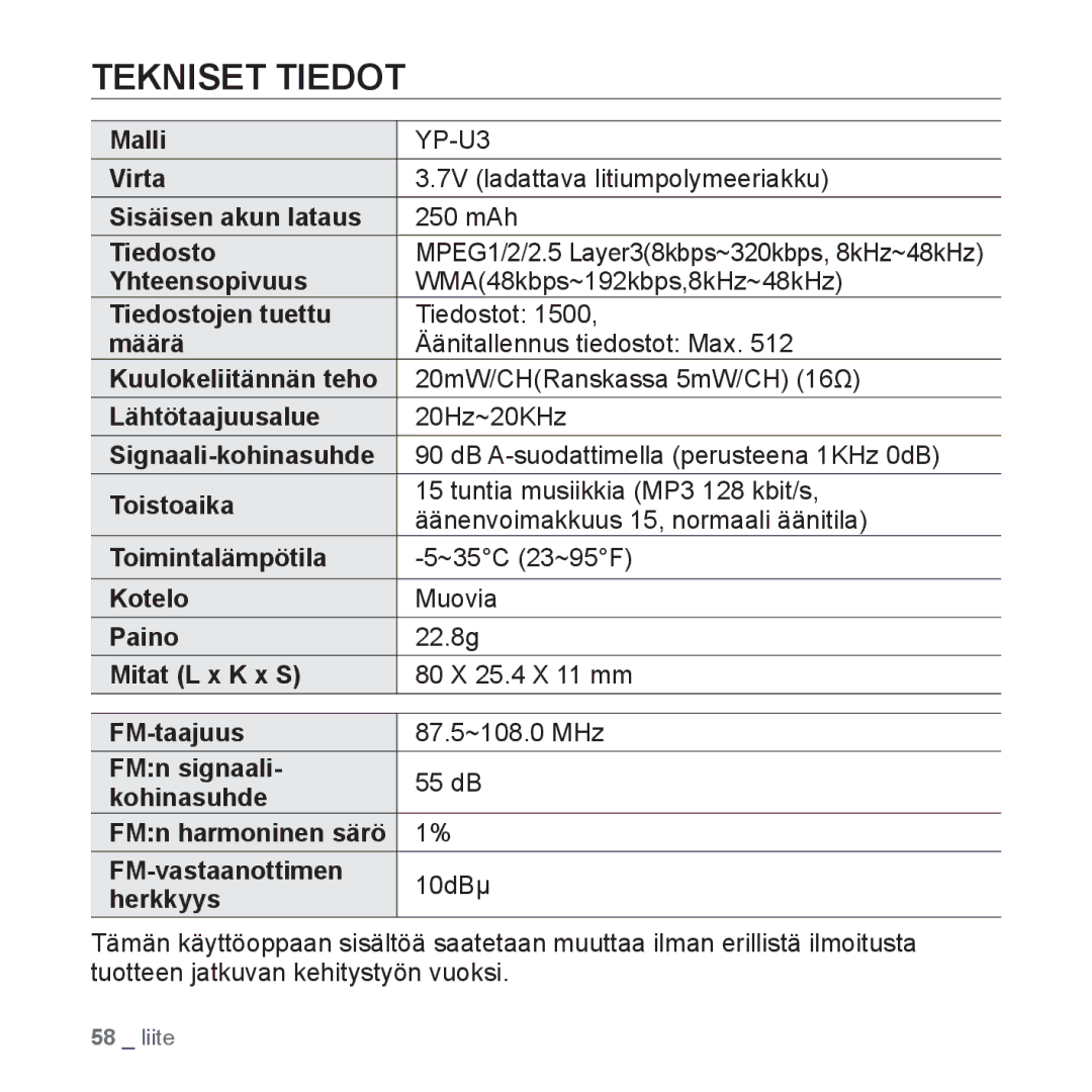 Samsung YP-U2RZB/XEE, YP-U3JQW/XEE, YP-U3JQP/XEE, YP-U3JQB/XEE manual Tekniset Tiedot 