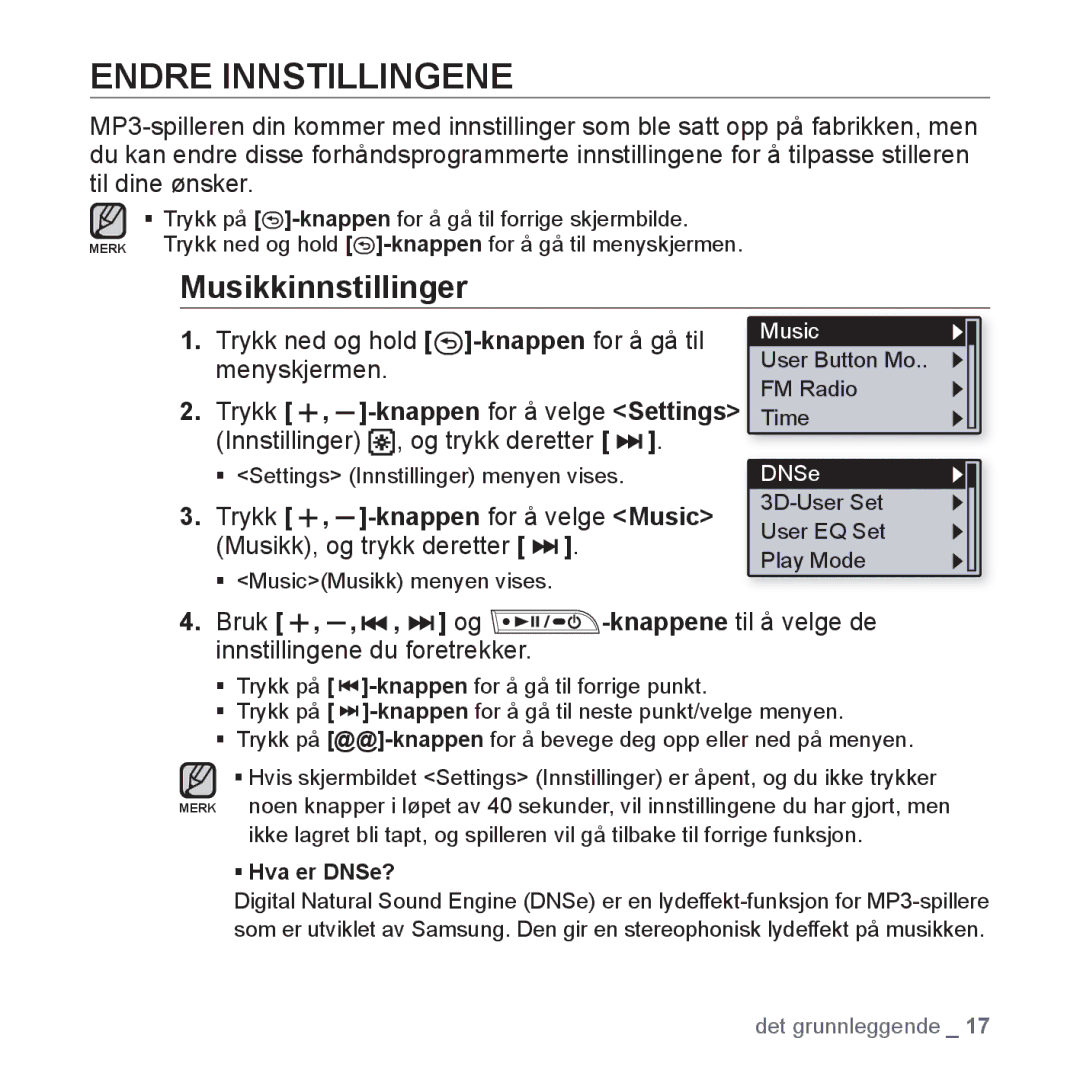 Samsung YP-U3JQB/XEE, YP-U2RZB/XEE, YP-U3JQW/XEE, YP-U3JQP/XEE Endre Innstillingene, Musikkinnstillinger, ƒ Hva er DNSe? 