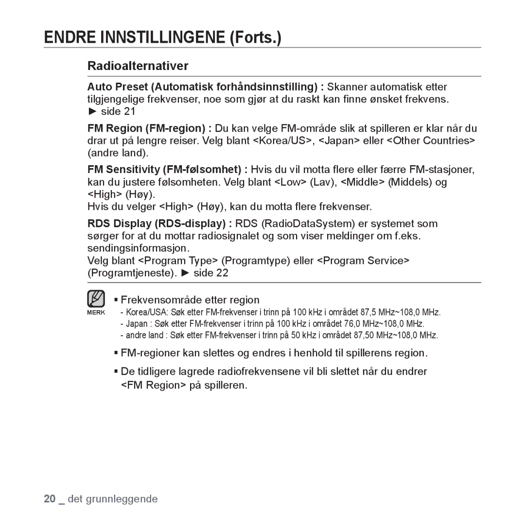 Samsung YP-U3JQP/XEE, YP-U2RZB/XEE, YP-U3JQW/XEE, YP-U3JQB/XEE manual Radioalternativer 