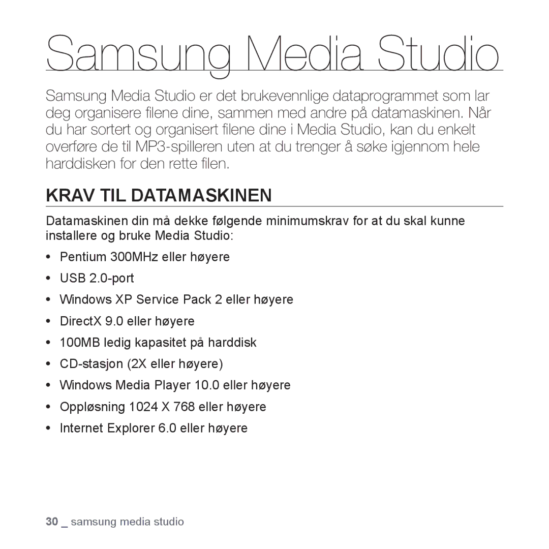 Samsung YP-U2RZB/XEE, YP-U3JQW/XEE, YP-U3JQP/XEE, YP-U3JQB/XEE manual Samsung Media Studio, Krav TIL Datamaskinen 