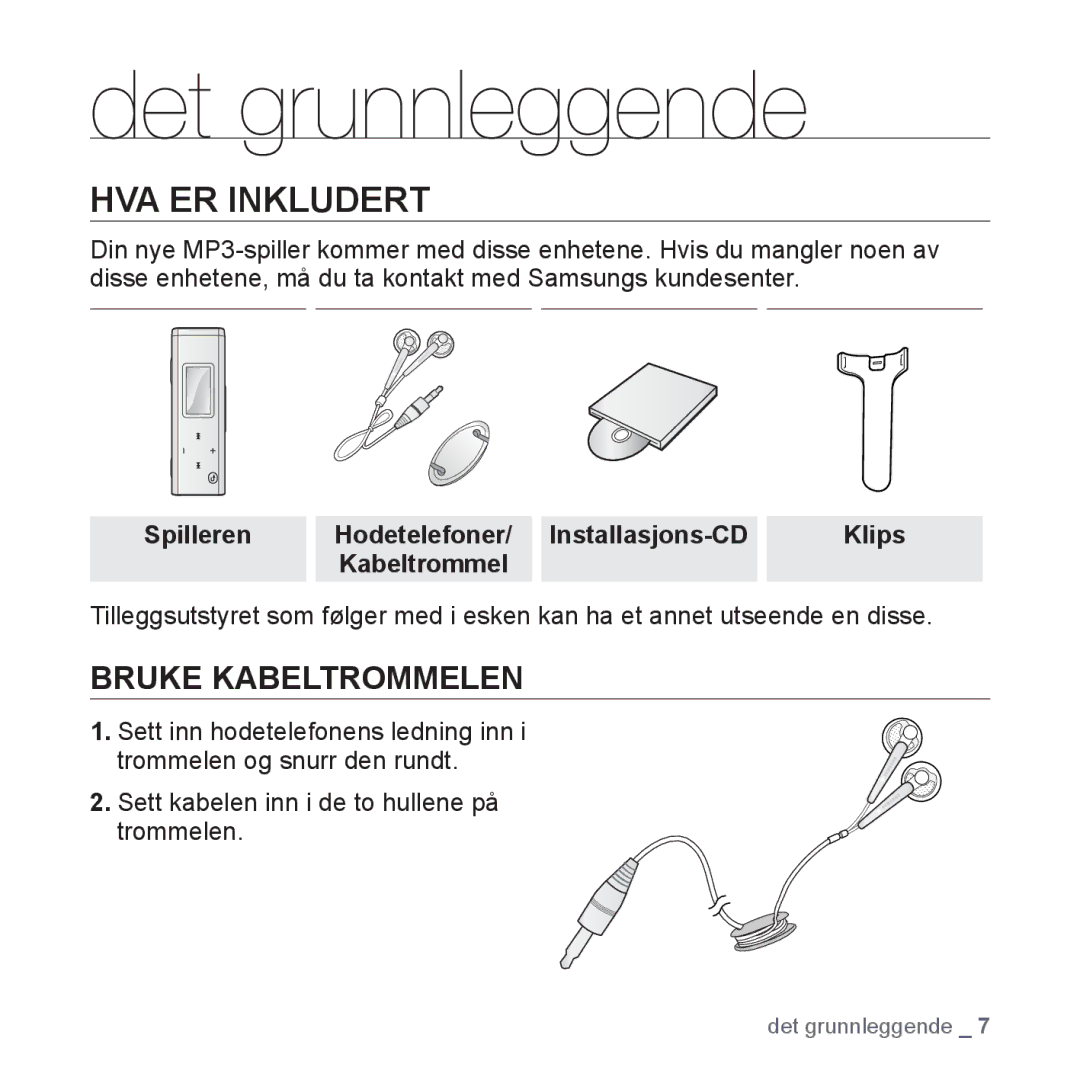 Samsung YP-U3JQW/XEE manual Det grunnleggende, HVA ER Inkludert, Spilleren Hodetelefoner/ Installasjons-CD, Kabeltrommel 