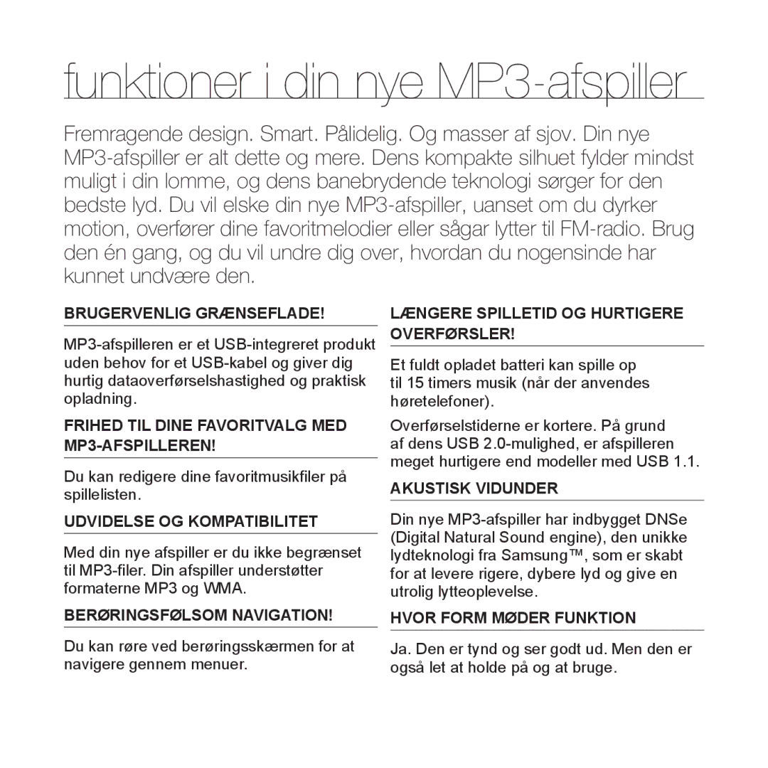 Samsung YP-U3JQP/XEE, YP-U2RZB/XEE, YP-U3JQW/XEE, YP-U3JQB/XEE manual Funktioner i din nye MP3-afspiller 