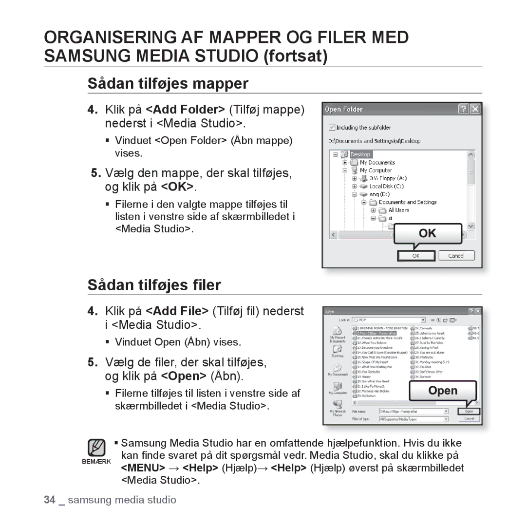 Samsung YP-U2RZB/XEE, YP-U3JQW/XEE, YP-U3JQP/XEE, YP-U3JQB/XEE manual Sådan tilføjes mapper, Sådan tilføjes ﬁler 