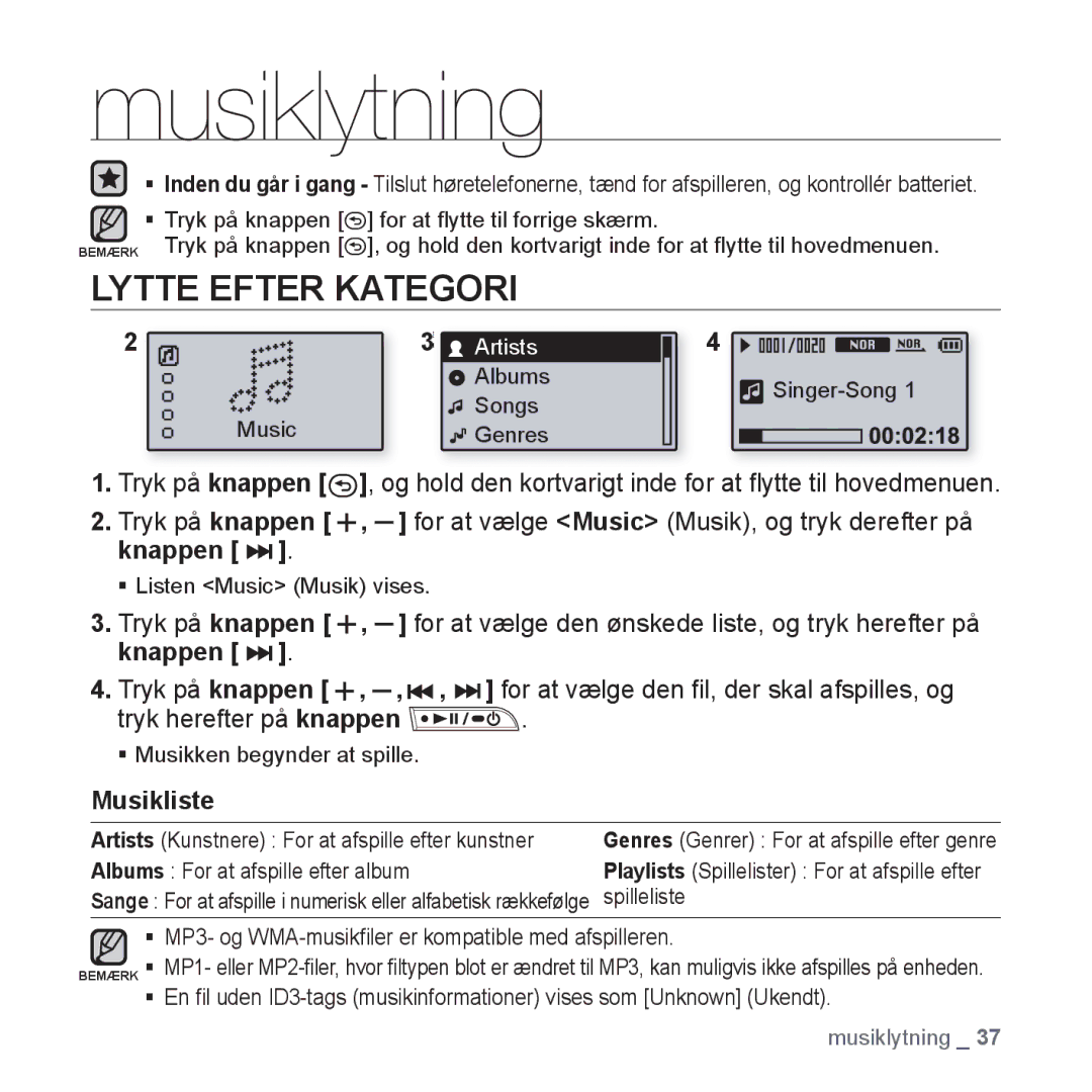 Samsung YP-U3JQB/XEE, YP-U2RZB/XEE, YP-U3JQW/XEE, YP-U3JQP/XEE manual Musiklytning, Lytte Efter Kategori, Musikliste 