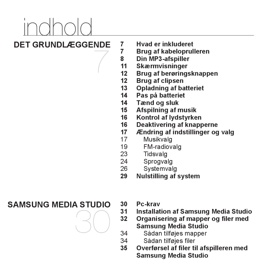 Samsung YP-U3JQP/XEE, YP-U2RZB/XEE, YP-U3JQW/XEE, YP-U3JQB/XEE manual Indhold 