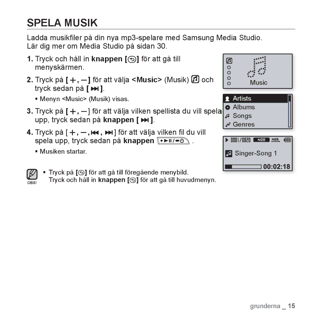 Samsung YP-U3JQW/XEE, YP-U2RZB/XEE, YP-U3JQP/XEE, YP-U3JQB/XEE manual Spela Musik 