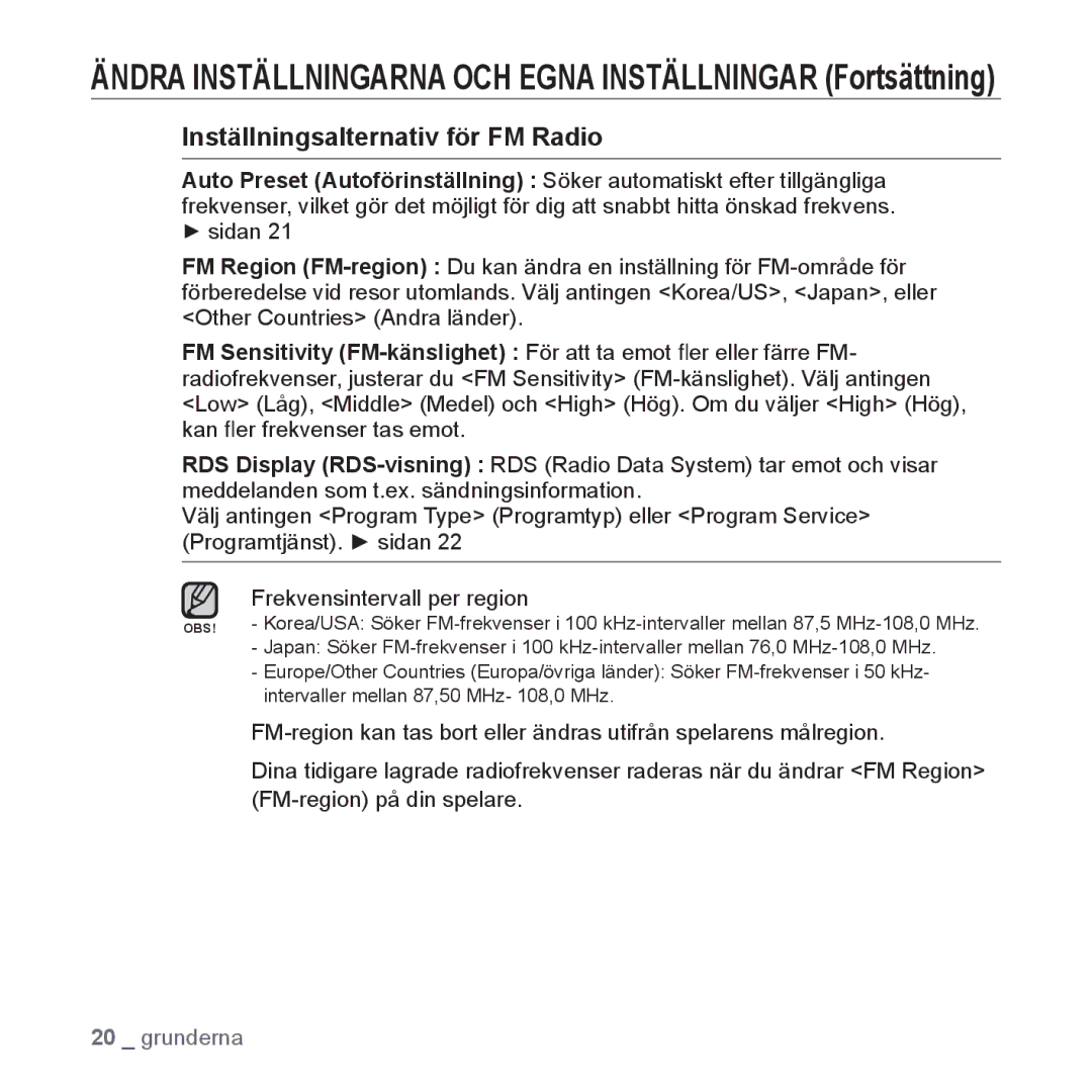 Samsung YP-U3JQP/XEE, YP-U2RZB/XEE, YP-U3JQW/XEE, YP-U3JQB/XEE manual Inställningsalternativ för FM Radio 