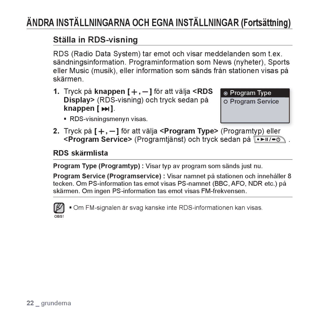 Samsung YP-U2RZB/XEE, YP-U3JQW/XEE, YP-U3JQP/XEE, YP-U3JQB/XEE manual RDS skärmlista 