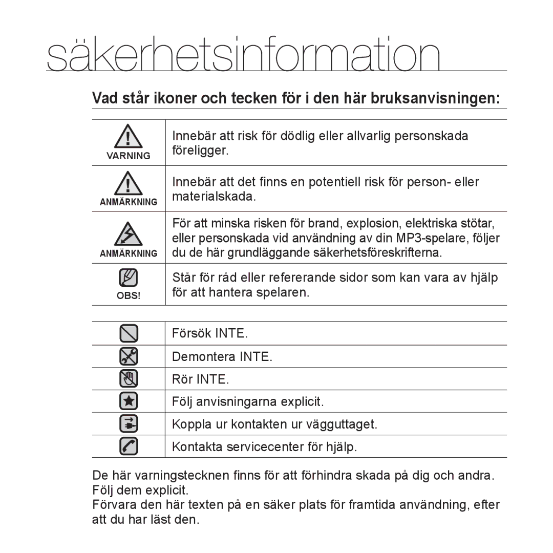 Samsung YP-U3JQB/XEE, YP-U2RZB/XEE manual Säkerhetsinformation, Vad står ikoner och tecken för i den här bruksanvisningen 