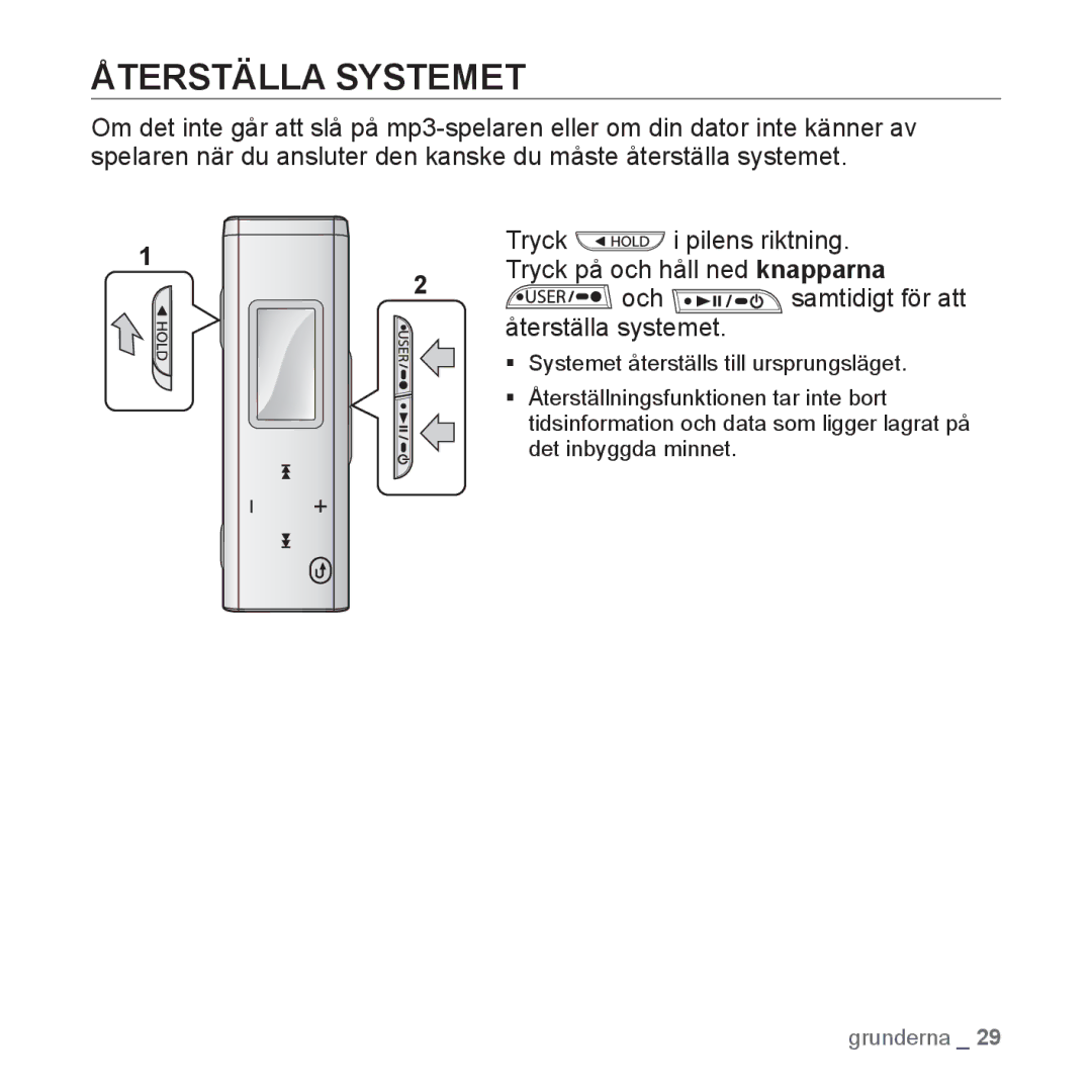 Samsung YP-U3JQB/XEE, YP-U2RZB/XEE, YP-U3JQW/XEE, YP-U3JQP/XEE manual Återställa Systemet 