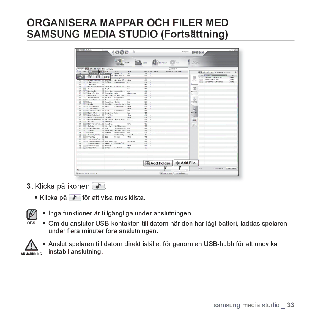 Samsung YP-U3JQB/XEE, YP-U2RZB/XEE, YP-U3JQW/XEE, YP-U3JQP/XEE manual Klicka på ikonen 