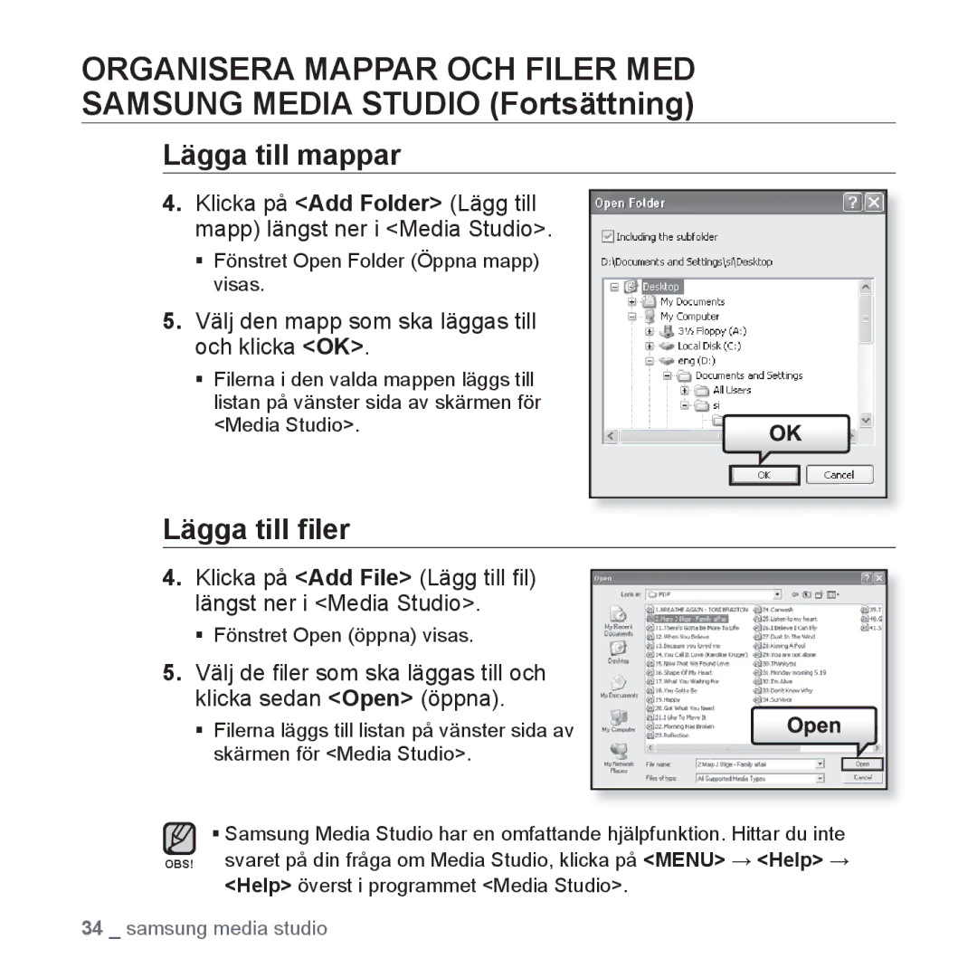 Samsung YP-U2RZB/XEE, YP-U3JQW/XEE Lägga till mappar, Lägga till ﬁler, Välj den mapp som ska läggas till och klicka OK 