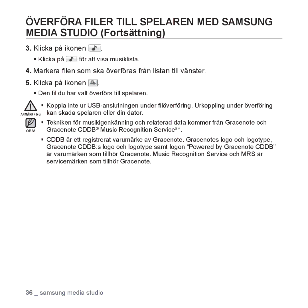 Samsung YP-U3JQP/XEE, YP-U2RZB/XEE, YP-U3JQW/XEE, YP-U3JQB/XEE manual ƒ Klicka på för att visa musiklista 