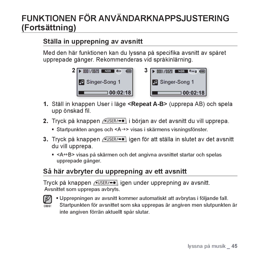 Samsung YP-U3JQB/XEE, YP-U2RZB/XEE, YP-U3JQW/XEE, YP-U3JQP/XEE manual Funktionen FÖR Användarknappsjustering Fortsättning 