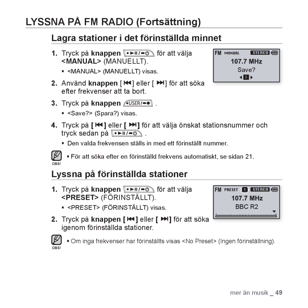 Samsung YP-U3JQB/XEE, YP-U2RZB/XEE manual Lagra stationer i det förinställda minnet, Lyssna på förinställda stationer 