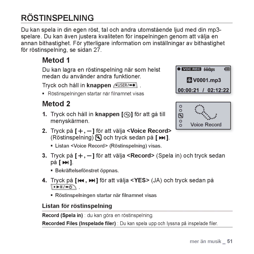 Samsung YP-U3JQW/XEE manual Röstinspelning, Metod, Menyskärmen, Tryck på , för att välja Record Spela in och tryck sedan på 