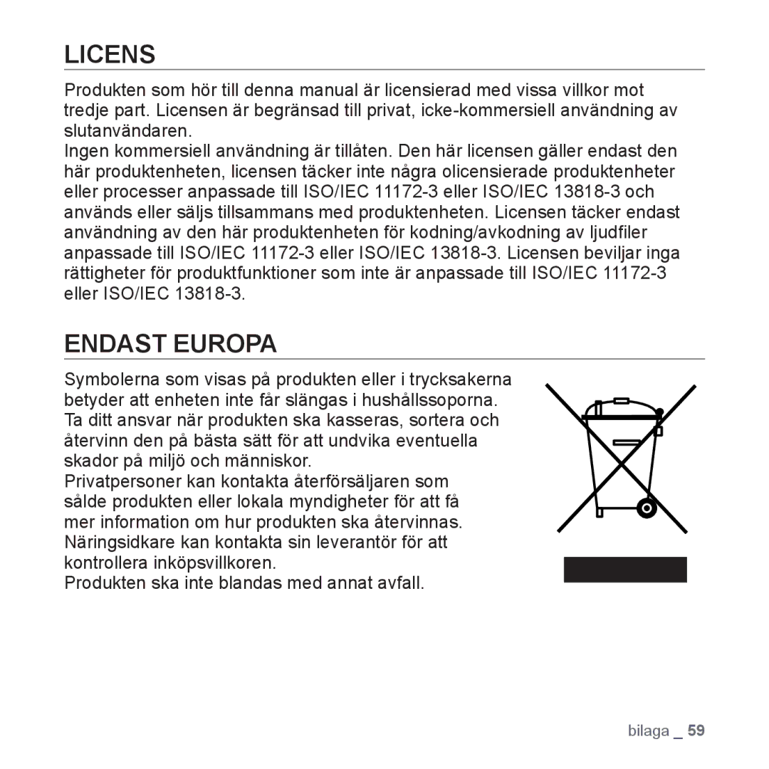 Samsung YP-U3JQW/XEE, YP-U2RZB/XEE, YP-U3JQP/XEE, YP-U3JQB/XEE manual Licens, Endast Europa 