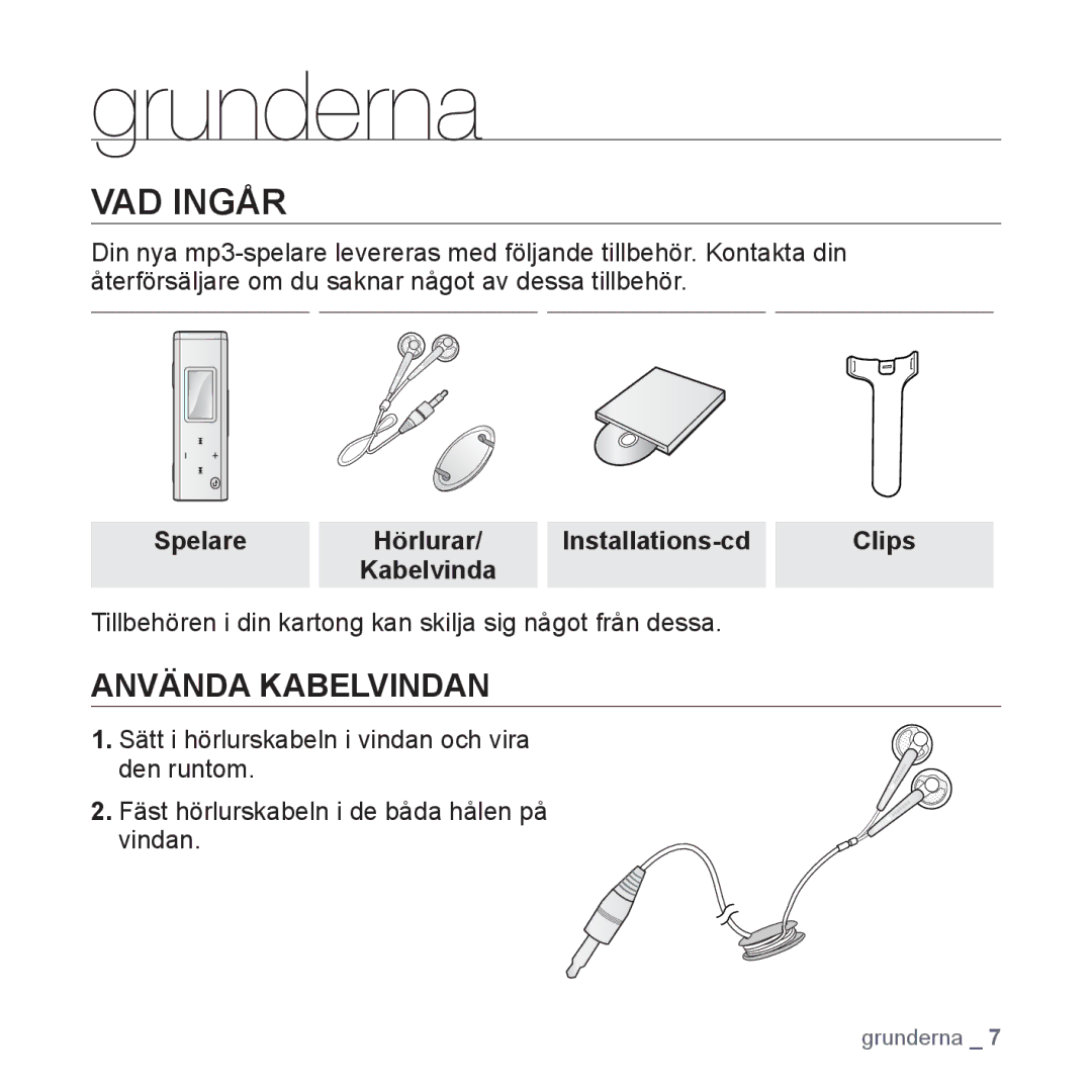 Samsung YP-U3JQW/XEE, YP-U2RZB/XEE, YP-U3JQP/XEE, YP-U3JQB/XEE manual Grunderna, VAD Ingår, Spelare, Installations-cd 