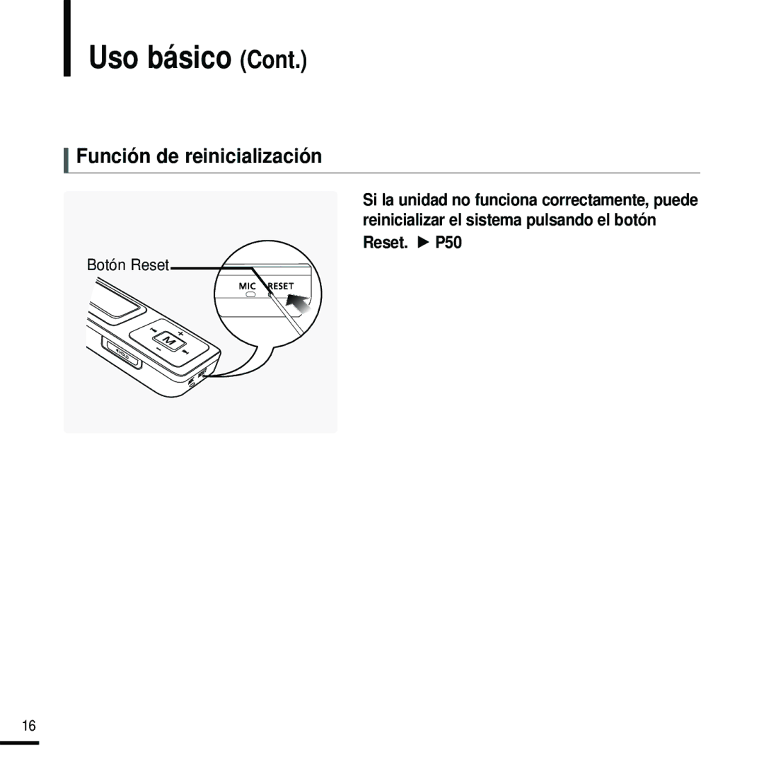 Samsung YP-U2RXW/ELS, YP-U2RZW/XET, YP-U2RZB/XET, YP-U2ZB/ELS, YP-U2RZB/OMX manual Función de reinicialización, Botón Reset 