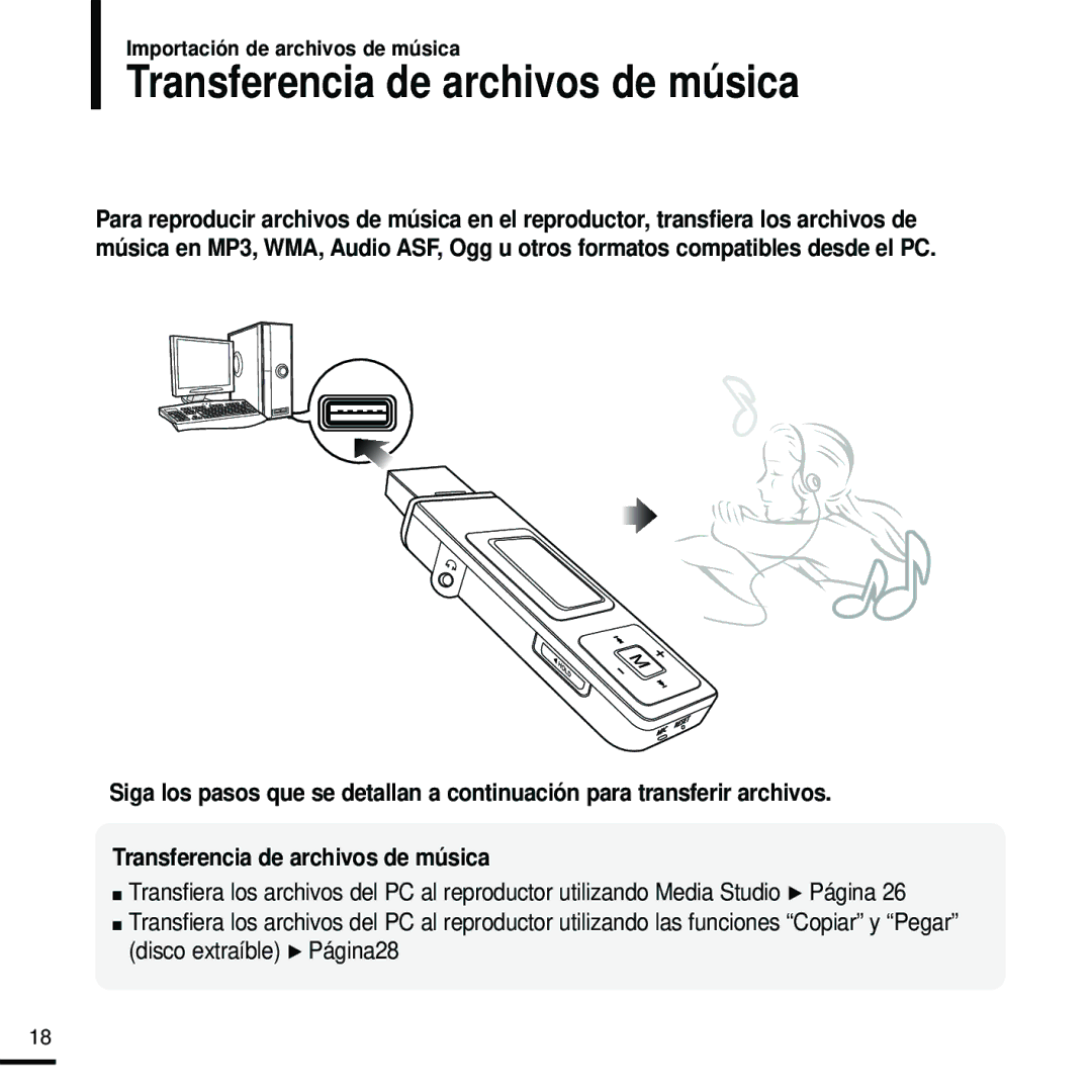 Samsung YP-U2ZB/ELS, YP-U2RZW/XET, YP-U2RXW/ELS manual Transferencia de archivos de música, Importación de archivos de música 