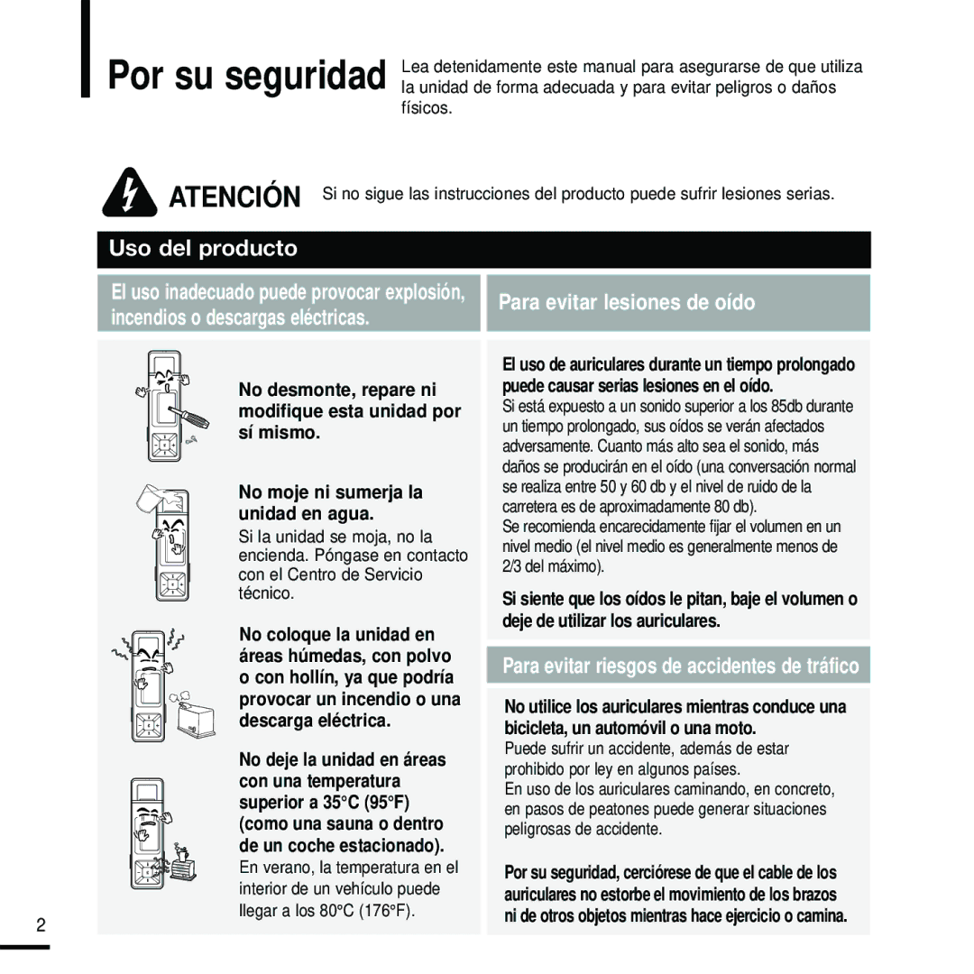 Samsung YP-U2RZB/XET, YP-U2RZW/XET, YP-U2RXW/ELS, YP-U2ZB/ELS, YP-U2RZB/OMX manual Uso del producto 