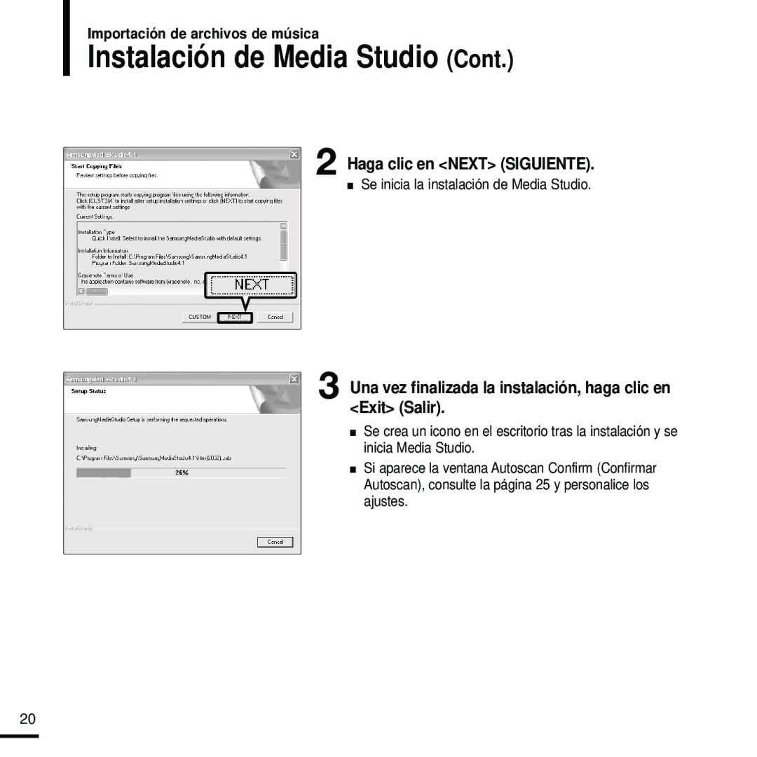 Samsung YP-U2RZW/XET Instalación de Media Studio, Haga clic en Next Siguiente, Se inicia la instalación de Media Studio 