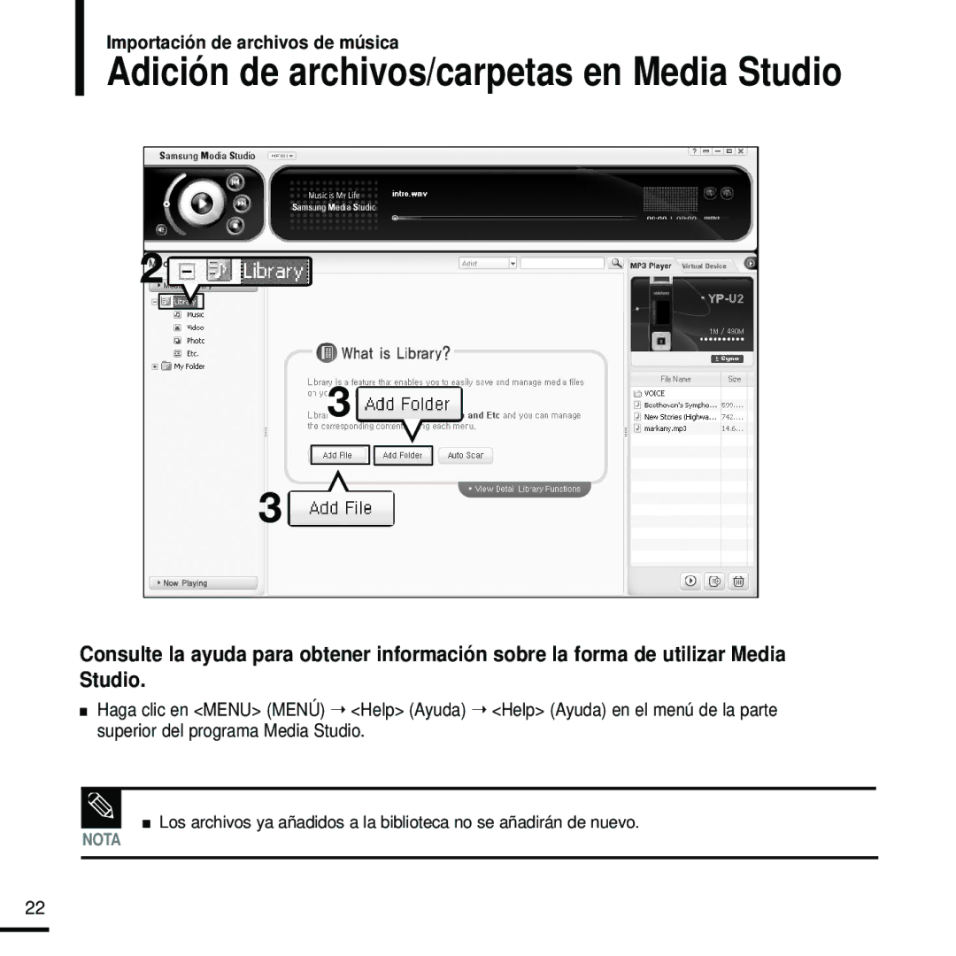 Samsung YP-U2RZB/XET, YP-U2RZW/XET, YP-U2RXW/ELS, YP-U2ZB/ELS, YP-U2RZB/OMX manual Adición de archivos/carpetas en Media Studio 