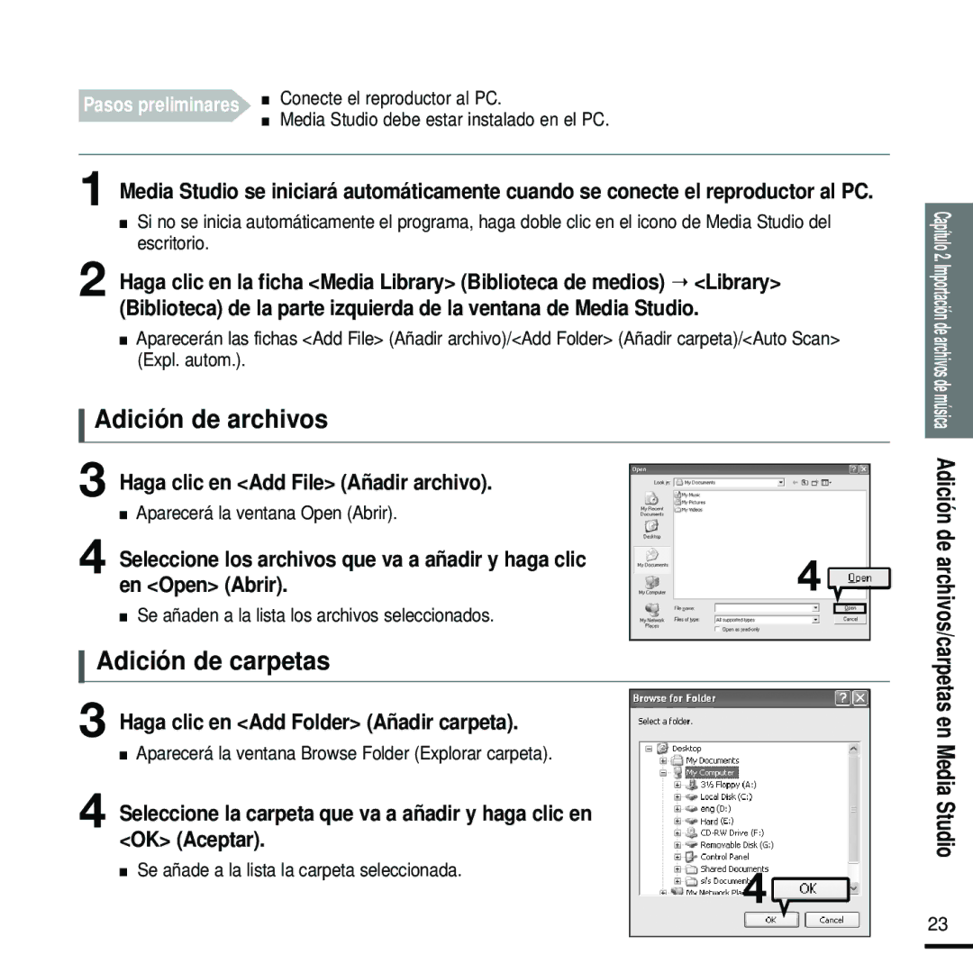 Samsung YP-U2ZB/ELS manual Adición de archivos, Adición de carpetas, Haga clic en Add File Añadir archivo, OK Aceptar 