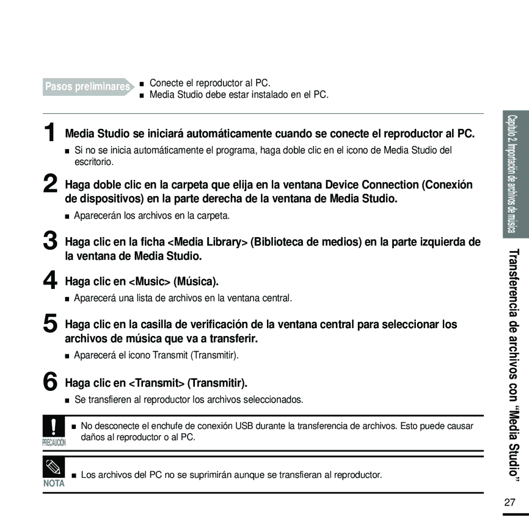 Samsung YP-U2RZB/XET, YP-U2RZW/XET, YP-U2RXW/ELS, YP-U2ZB/ELS, YP-U2RZB/OMX Haga clic en Transmit Transmitir, Media Studio 