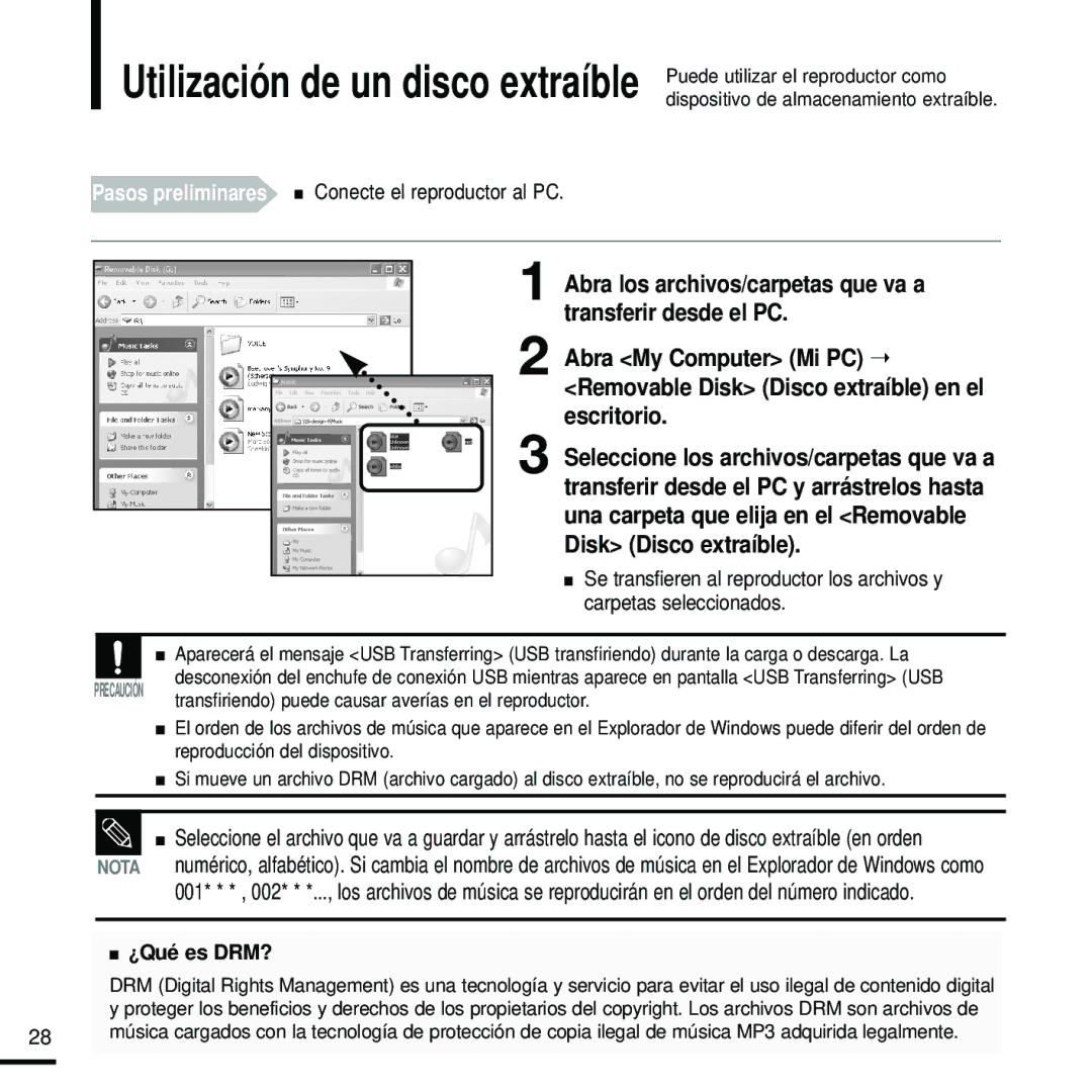 Samsung YP-U2ZB/ELS, YP-U2RZW/XET, YP-U2RXW/ELS, YP-U2RZB/XET Pasos preliminares Conecte el reproductor al PC, ¿Qué es DRM? 