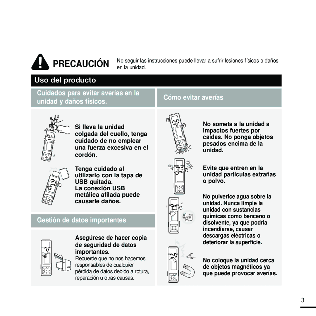 Samsung YP-U2ZB/ELS, YP-U2RZW/XET, YP-U2RXW/ELS manual Precaución, Asegúrese de hacer copia de seguridad de datos importantes 