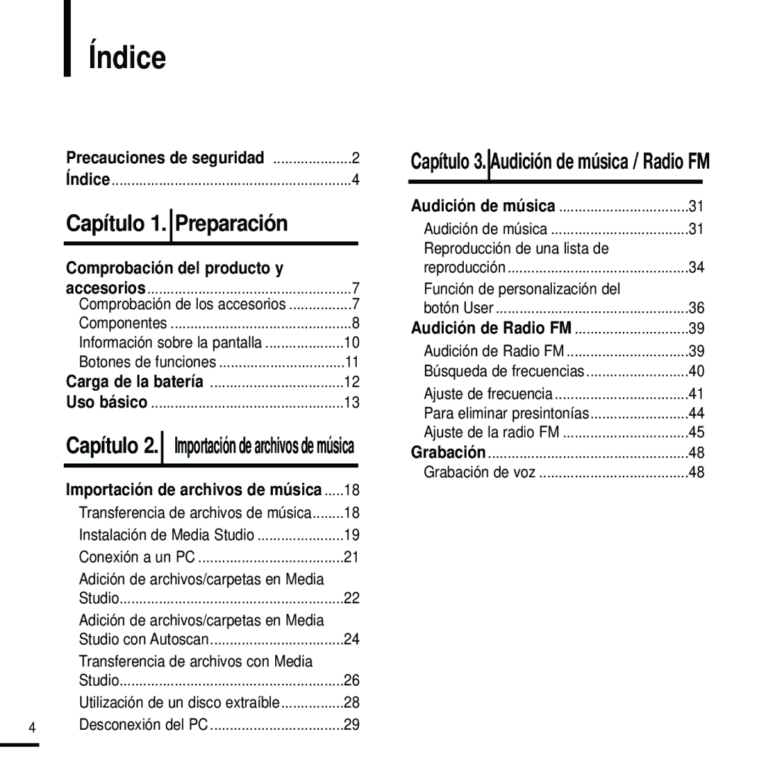 Samsung YP-U2RZB/OMX, YP-U2RZW/XET, YP-U2RXW/ELS Índice, Comprobación del producto y, Transferencia de archivos con Media 