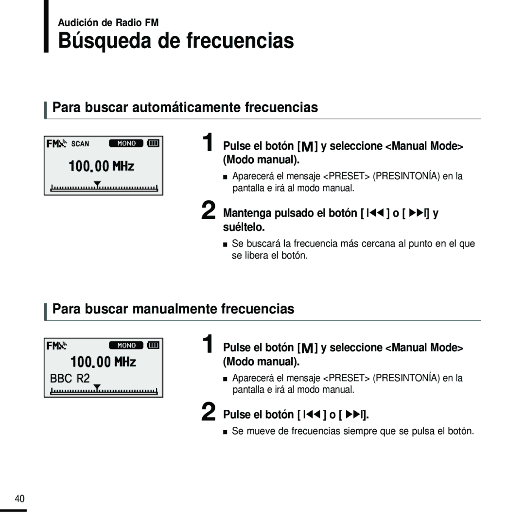 Samsung YP-U2RZW/XET Búsqueda de frecuencias, Para buscar automáticamente frecuencias, Para buscar manualmente frecuencias 