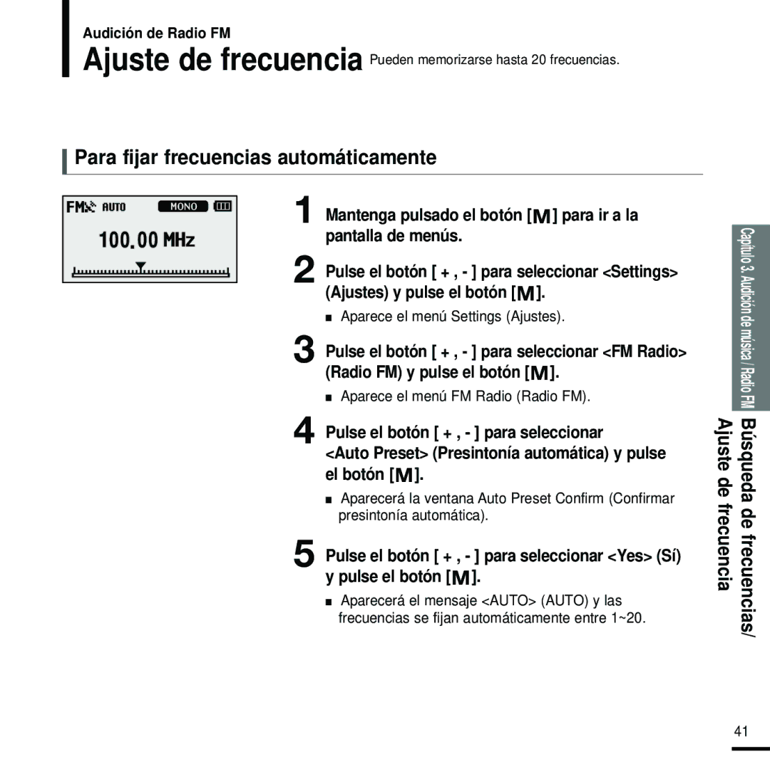 Samsung YP-U2RXW/ELS Para fijar frecuencias automáticamente, Pulse el botón + , para seleccionar Yes Sí y pulse el botón 