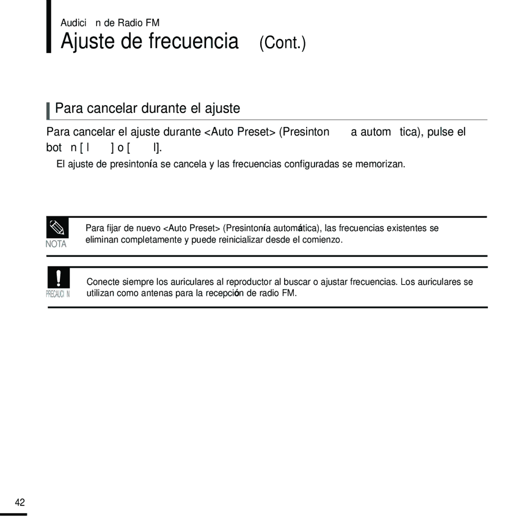 Samsung YP-U2RZB/XET, YP-U2RZW/XET, YP-U2RXW/ELS, YP-U2ZB/ELS manual Ajuste de frecuencia, Para cancelar durante el ajuste 