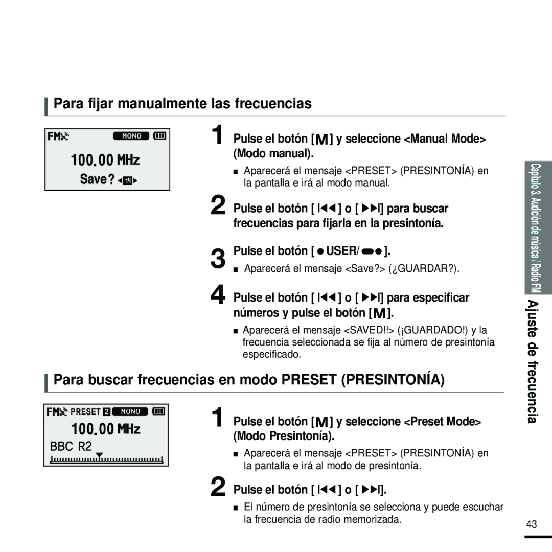Samsung YP-U2ZB/ELS Para fijar manualmente las frecuencias, Para buscar frecuencias en modo Preset Presintonía 