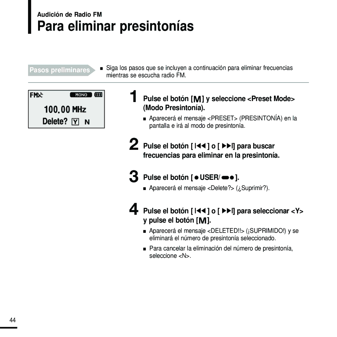 Samsung YP-U2RZB/OMX, YP-U2RZW/XET, YP-U2RXW/ELS, YP-U2RZB/XET manual Para eliminar presintonías, Mientras se escucha radio FM 