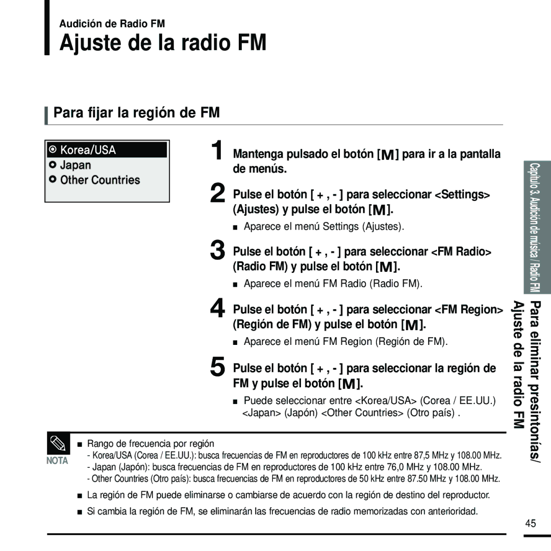 Samsung YP-U2RZW/XET manual Ajuste de la radio FM, Para fijar la región de FM, Aparece el menú FM Region Región de FM 