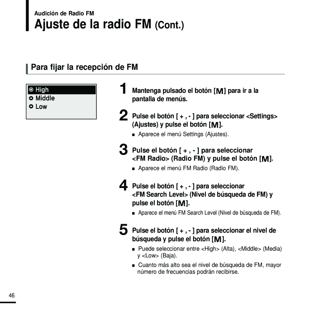 Samsung YP-U2RXW/ELS, YP-U2RZW/XET, YP-U2RZB/XET, YP-U2ZB/ELS, YP-U2RZB/OMX manual Para fijar la recepción de FM 