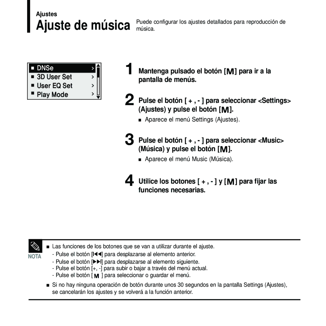 Samsung YP-U2RZW/XET, YP-U2RXW/ELS, YP-U2RZB/XET, YP-U2ZB/ELS manual Ajuste de música, Ajustes, Aparece el menú Music Música 