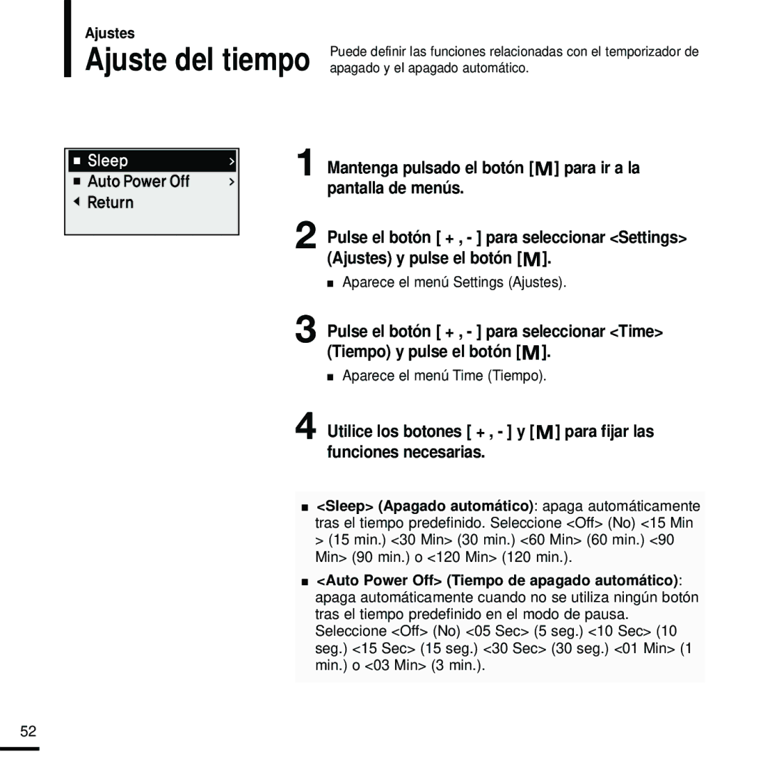 Samsung YP-U2RZB/XET, YP-U2RZW/XET, YP-U2RXW/ELS, YP-U2ZB/ELS, YP-U2RZB/OMX Ajuste del tiempo, Aparece el menú Time Tiempo 