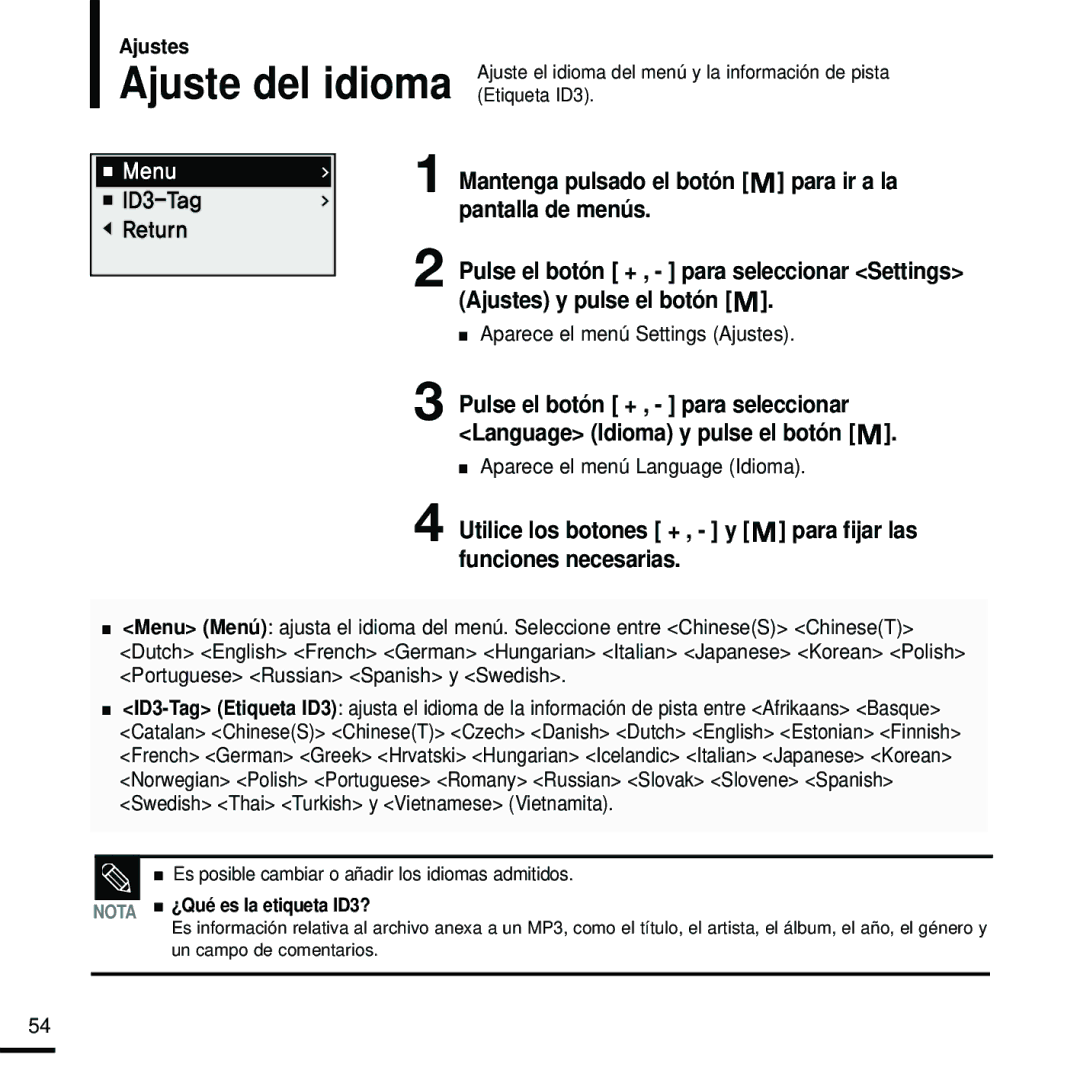 Samsung YP-U2RZB/OMX, YP-U2RZW/XET, YP-U2RXW/ELS, YP-U2RZB/XET manual Ajuste del idioma, Aparece el menú Language Idioma 