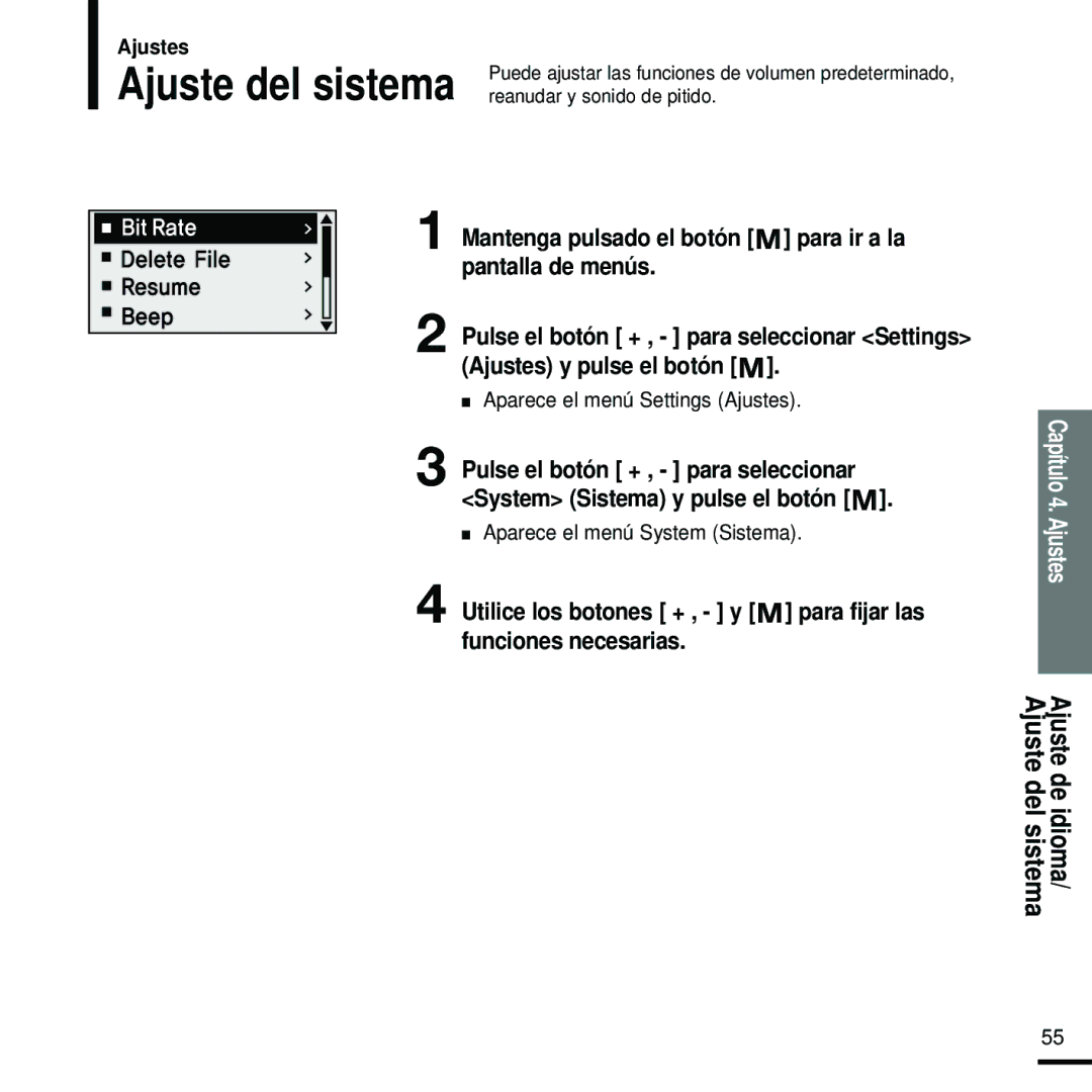 Samsung YP-U2RZW/XET, YP-U2RXW/ELS, YP-U2RZB/XET, YP-U2ZB/ELS manual Ajuste del sistema, Aparece el menú System Sistema 