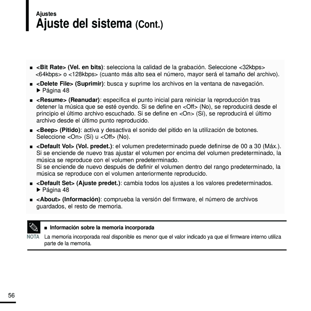 Samsung YP-U2RXW/ELS, YP-U2RZW/XET, YP-U2RZB/XET, YP-U2ZB/ELS Ajuste del sistema, Información sobre la memoria incorporada 