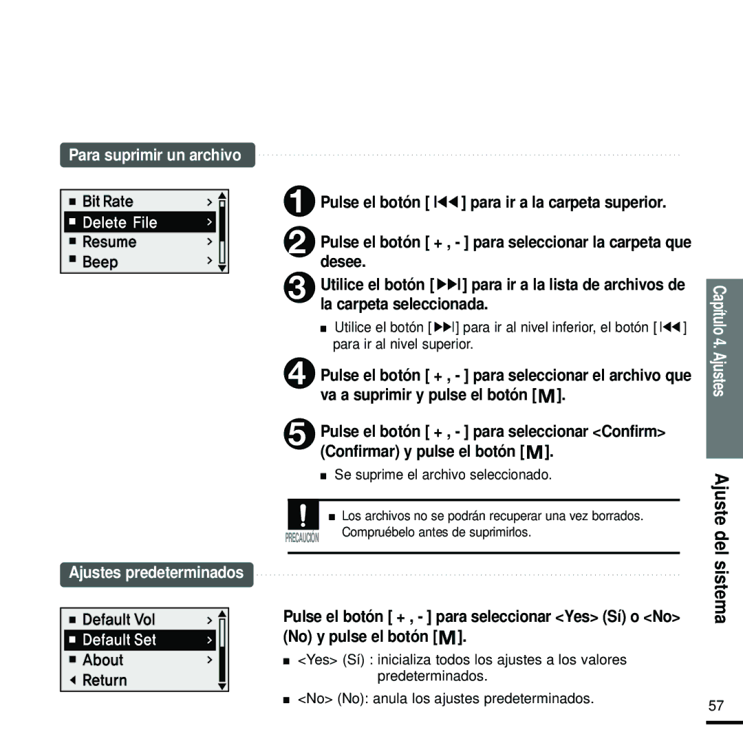 Samsung YP-U2RZB/XET, YP-U2RZW/XET, YP-U2RXW/ELS Pulse el botón + , para seleccionar Confirm, Confirmar y pulse el botón 