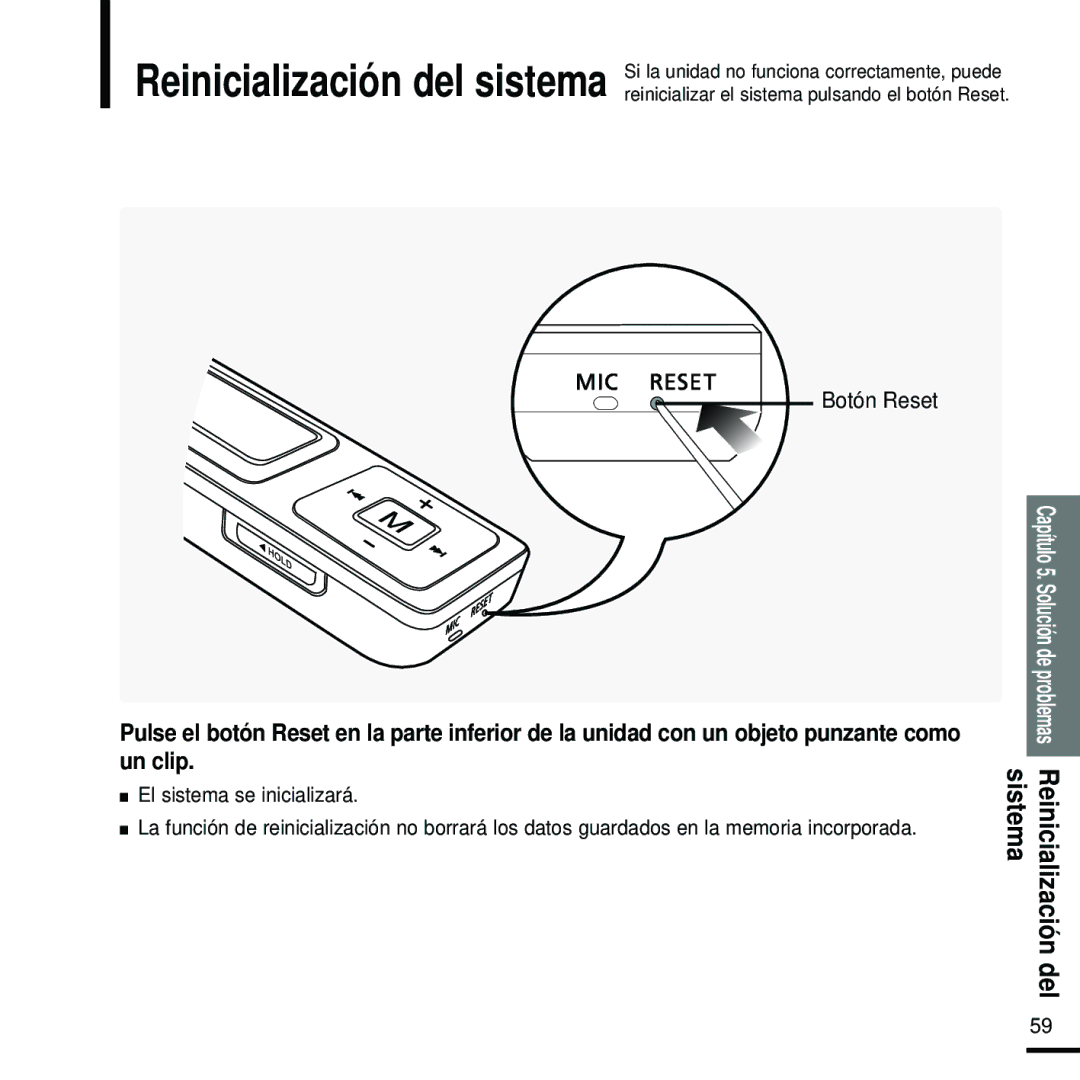 Samsung YP-U2RZB/OMX, YP-U2RZW/XET, YP-U2RXW/ELS, YP-U2RZB/XET, YP-U2ZB/ELS manual Botón Reset, El sistema se inicializará 