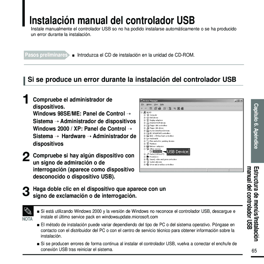 Samsung YP-U2RZW/XET, YP-U2RXW/ELS Instalación manual del controlador USB, Compruebe el administrador de dispositivos 