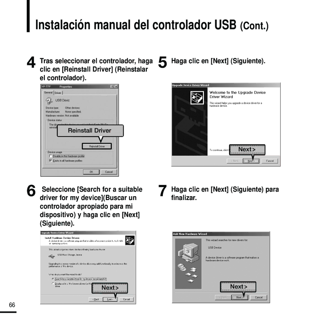 Samsung YP-U2RXW/ELS, YP-U2RZW/XET Instalación manual del controlador USB, Haga clic en Next Siguiente para finalizar 